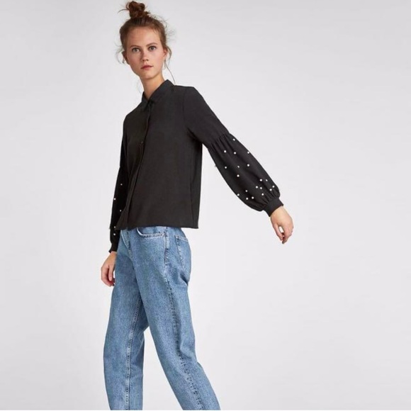 Zara Puffy Sleeve Shirt with Pearls - Picture 3 of 11